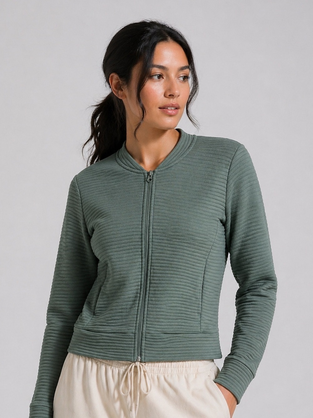 Zella Sage Green Ribbed Zip-Up Hiking Athleisure Jacket Lightweight. Size: Small